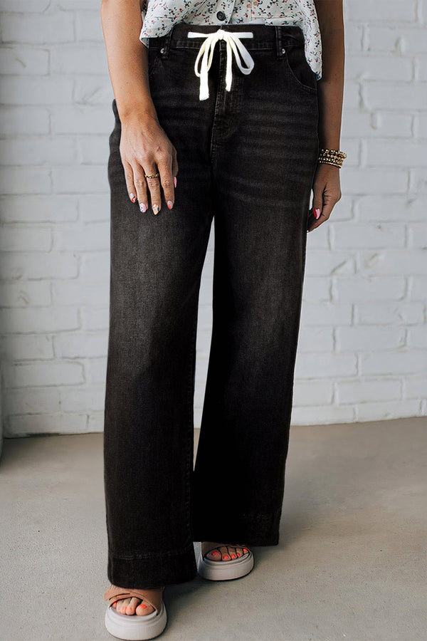 Women's Trendy Plus Size Black Acid Wash Jeans with Lace-up Detail for a Chic and Stylish Women's Outfit