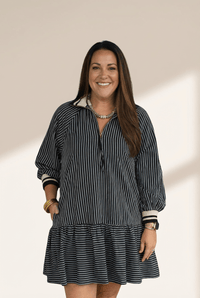 Women's Trendy Plus Size Black Stripe Mini Dress with Zip-Up Collar, Puff Sleeves, and Ruffled Hem for Fashion-Forward Women