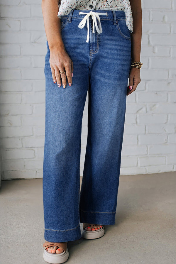 women's trendy plus size dark blue acid wash jeans for women with lace-up detail – easy and wearable fit with practical styling and dependable