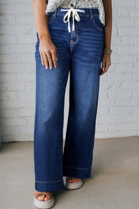 Women's Trendy Plus Size Women's Blue Acid Wash Lace-Up Jeans with Contrast Detail for Ultimate Comfort and Style
