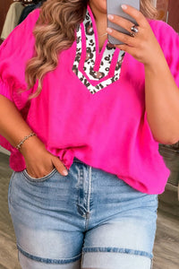 Women's Rose Red Leopard Notched Plus Size Top