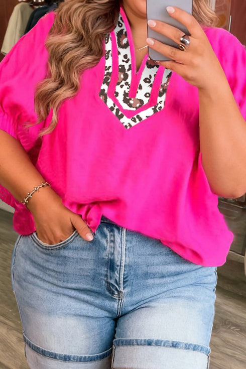 Rose Red Leopard Accent Notched Neck Plus Size Short Sleeve Top