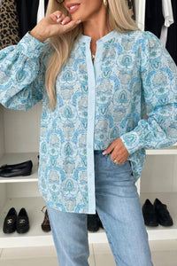 Women's Sky Blue Paisley Cotton-Viscose Puff Sleeve Blouse