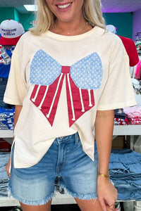 
Trendy Vintage-Inspired Women's White Loose Knit T-Shirt with Flag Bow Patch for Comfortable Casual Wear