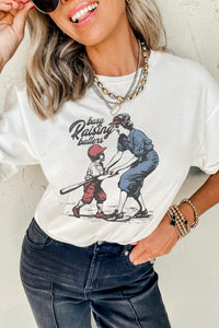 Women's Trendy White Graphic Tee for Women - "Busy Raising Ballers" Casual T-Shirt, Ideal Gift for Stylish Moms