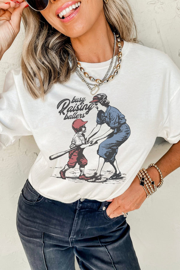 Women's Trendy White Graphic Tee for Women - "Busy Raising Ballers" Casual T-Shirt, Ideal Gift for Stylish Moms