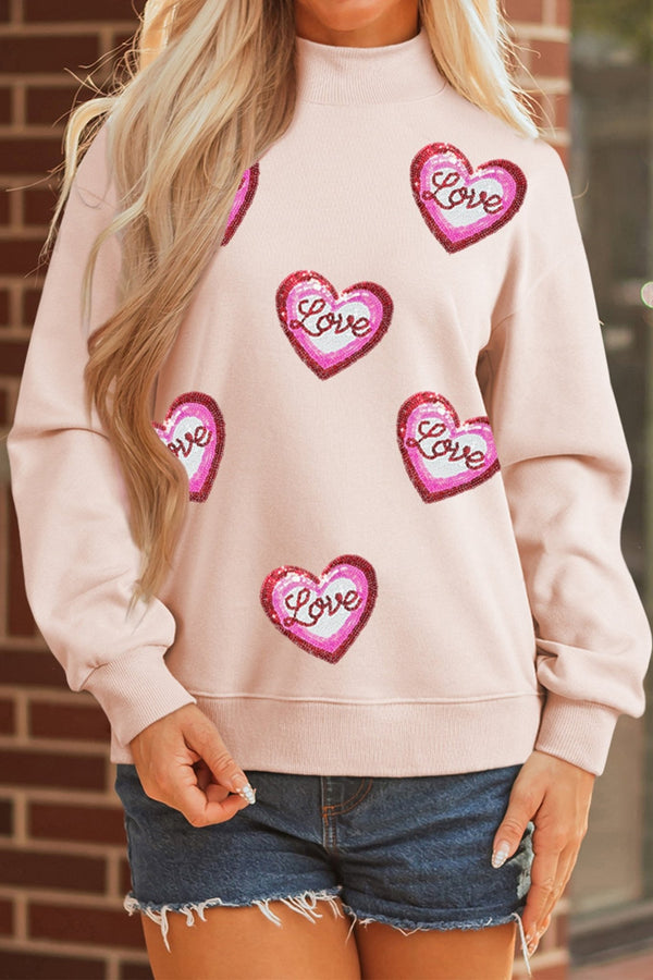 Women's Apricot Pink Sequin Heart Mock Neck Sweatshirt