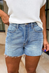 Trendy Women's Beau Blue Acid Wash Denim Shorts with Raw Hem - Effortless Casual Summer Style and Comfortable Fit