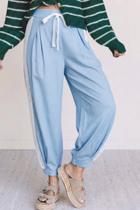 Women's Beau Blue Pleated Slouchy Pants with Lace Side Panels