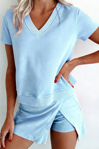 Beau Blue Mineral Wash V Neck Tee Matching Skort Set