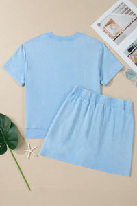 Beau Blue Mineral Wash V Neck Tee Matching Skort Set