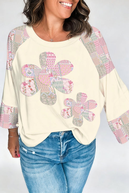 Women's Trendy Women's Beige Color Block Floral Long Sleeve Top - Retro Patchwork Style for Casual Outings and Everyday Wear