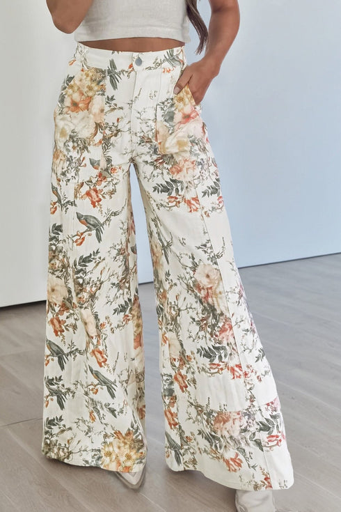 Trendy Women's Beige Floral Print High Waist Wide Leg Jeans - Vintage Style, Comfortable & Chic Fashion Essential