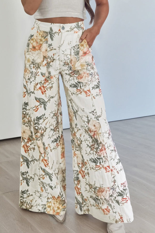 Trendy Women's Beige Floral Print High Waist Wide Leg Jeans - Vintage Style, Comfortable & Chic Fashion Essential