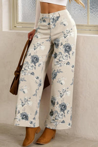 Women's Trendy Women's Beige Retro Floral Print Loose Jeans with Cuffed Hem - Stylish Casual Wear for Effortless Chic