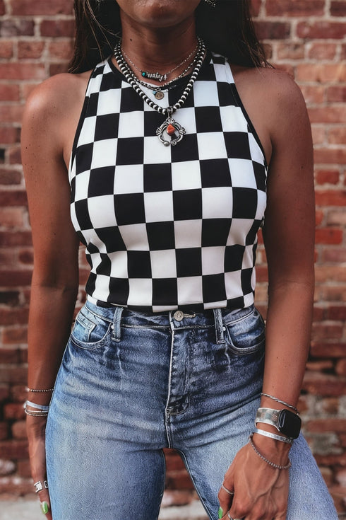 Women's Trendy Women's Black Checkerboard Slim Fit Tank Top - Casual Sleeveless Tee for Effortless Summer Style