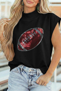 Trendy Women's Black High Neck Short Sleeve Top with Rhinestone Rugby Pattern – Chic Casual Fashion Essential