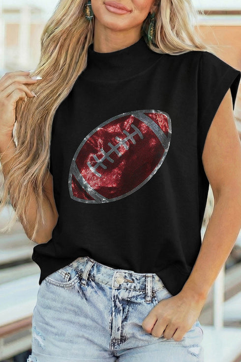 Trendy Women's Black High Neck Short Sleeve Top with Rhinestone Rugby Pattern – Chic Casual Fashion Essential