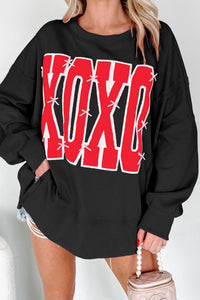 Women's Black Sequin XOXO Graphic Sweatshirt with Bow Details