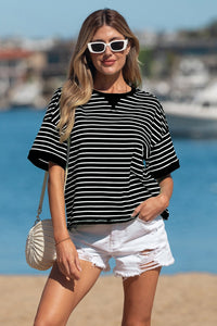Trendy Women's Black Stripe Ribbed Half Sleeve Tee with Patchwork and Seam Detail for Effortless Casual Chic