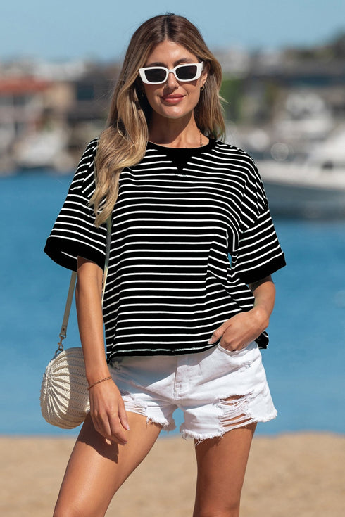 Trendy Women's Black Stripe Ribbed Half Sleeve Tee with Patchwork and Seam Detail for Effortless Casual Chic