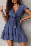 Women's Trendy Women's Blue Deep V Neck Flare Mini Dress with Self-Tie Knot - Perfect for Summer Outings and Casual Events