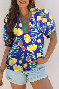 Women's Floral V-Neck Blouse with Contrast Striped Trim