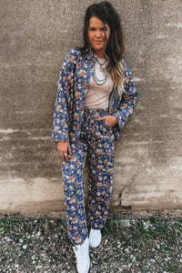 Blue Floral Allover Print Elastic Waist Straight Loose Jeans