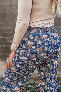 Blue Floral Allover Print Elastic Waist Straight Loose Jeans