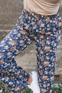 Blue Floral Allover Print Elastic Waist Straight Loose Jeans