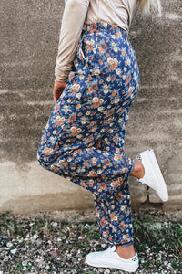 Blue Floral Allover Print Elastic Waist Straight Loose Jeans
