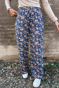 Blue Floral Allover Print Elastic Waist Straight Loose Jeans