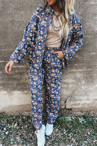 Blue Floral Allover Print Elastic Waist Straight Loose Jeans