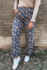 Blue Floral Allover Print Elastic Waist Straight Loose Jeans