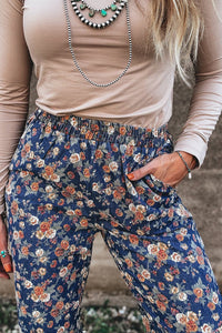 Blue Floral Allover Print Elastic Waist Straight Loose Jeans
