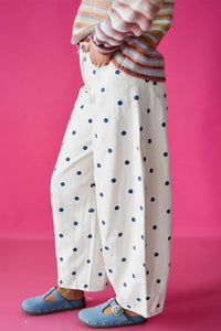 Blue Polka Dot Print Seam Detail Barrel Jeans