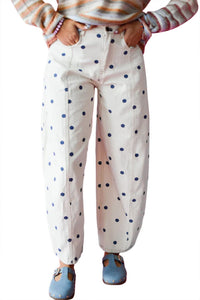 Blue Polka Dot Print Seam Detail Barrel Jeans
