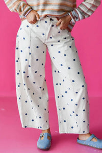 Blue Polka Dot Print Seam Detail Barrel Jeans