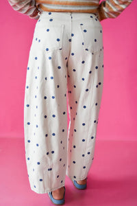 Blue Polka Dot Print Seam Detail Barrel Jeans