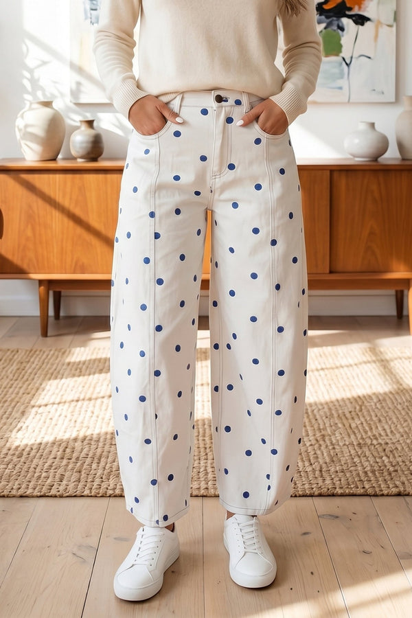 Trendy Women's Blue Polka Dot Barrel Jeans with Seam Detail - Comfortable Fit for Casual Everyday Wear