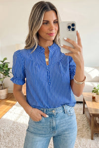 Blue Stripe Ruffled Short Puff Sleeve Button Front Blouse