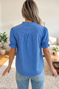 Blue Stripe Ruffled Short Puff Sleeve Button Front Blouse