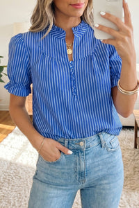 Trendy Women's Blue Stripe Ruffled Puff Sleeve Blouse with Button Front - Stylish Summer Top for Casual Chic Looks