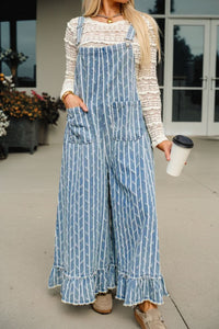 Women's Trendy Women's Blue Striped Distressed Ruffled Wide Leg Denim Overalls - Casual Everyday Fashion for Effortless Style