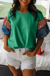 Women's Emerald Green Star and Stripe Puff Sleeve Patriotic Top with practical styling and dependable silhouette control.