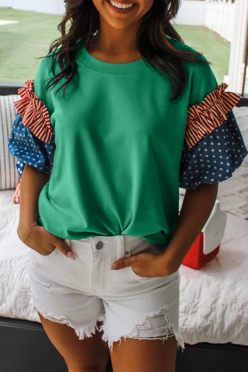 Women's Emerald Green Star and Stripe Puff Sleeve Patriotic Top with practical styling and dependable silhouette control.