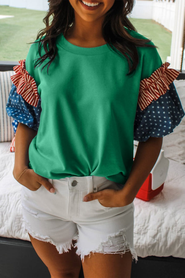 Women's Emerald Green Star and Stripe Puff Sleeve Patriotic Top with practical styling and dependable silhouette control.