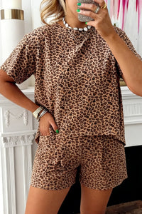 women's trendy women's brown leopard print casual tee and shorts set - effortless summer outfit for stylish comfort with practical styling and