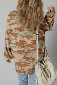 Brown Retro Camouflage Print Exposed Seam Patchwork Drop Shoulder Sweatshirt