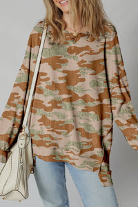 Brown Retro Camouflage Print Exposed Seam Patchwork Drop Shoulder Sweatshirt